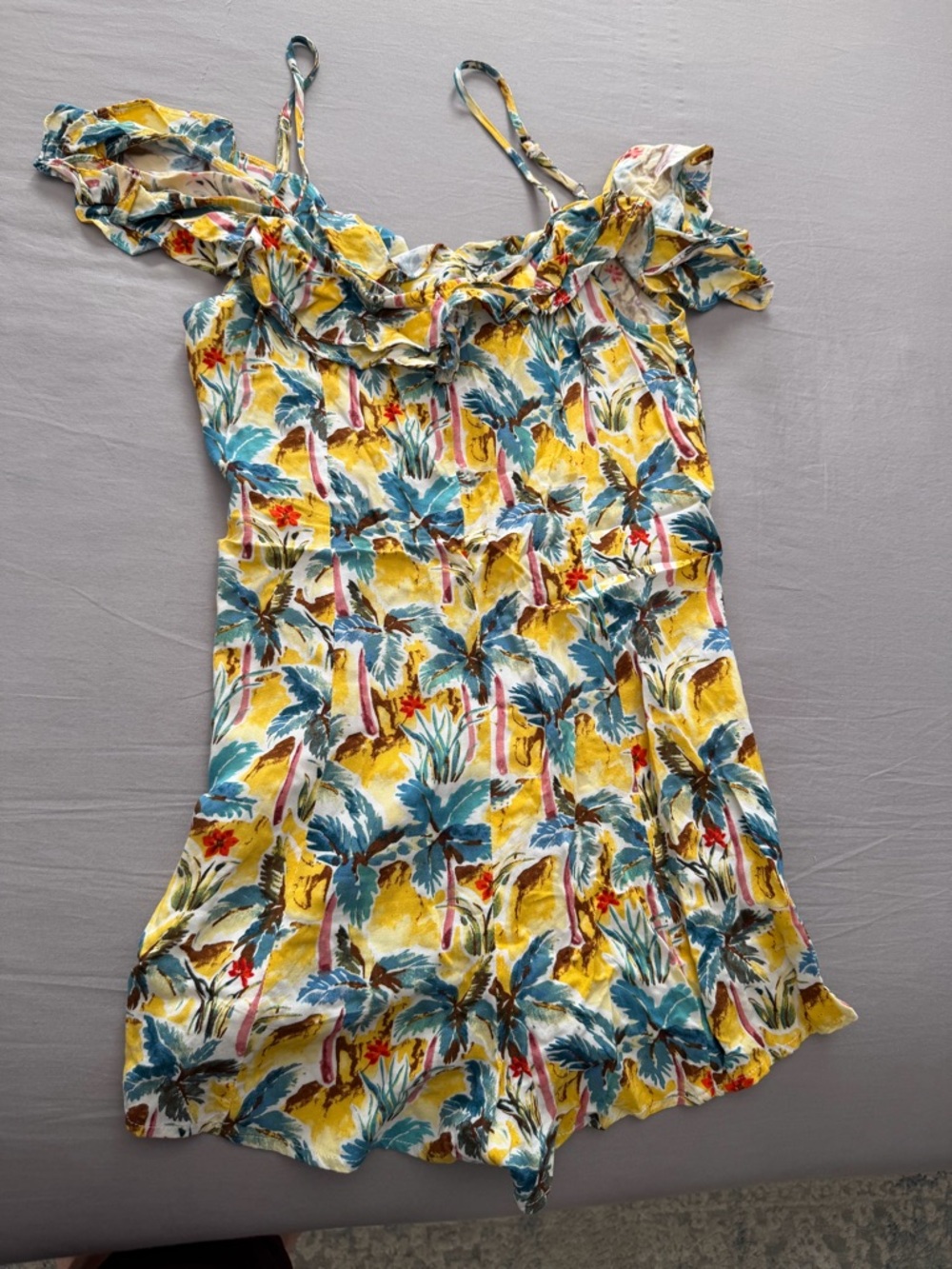 Forever 21 Yellow Tropical Print Ruffle Off The Shoulder Romper